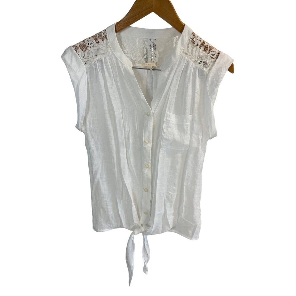 Pearl White Lacy Shoulder V Neck Cap Sleeve Lightweight Tie Front Blouse Sz L